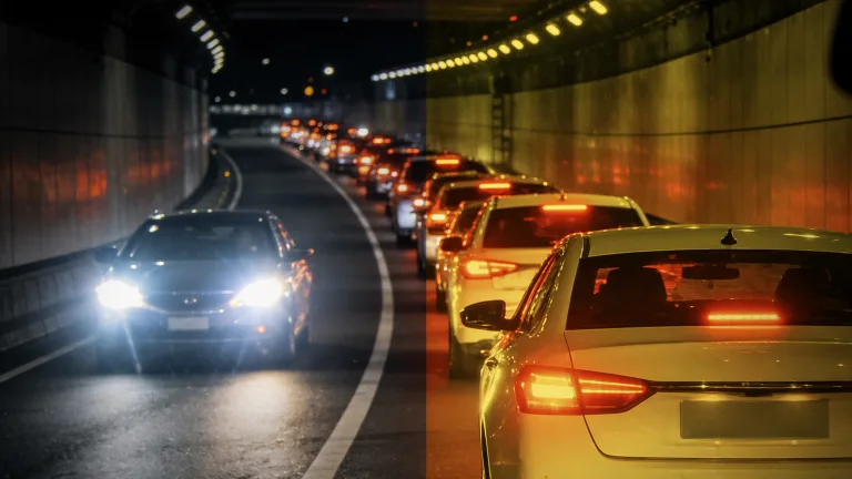 Split visual illustration comparing oncoming headlights with a warmer yellow-tinted view.