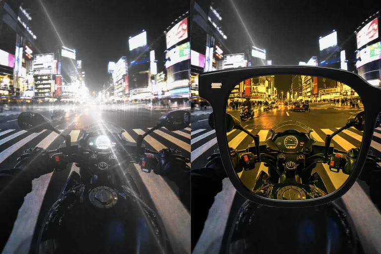Split visual illustration of an urban night scene before and through a yellow-tinted lens.