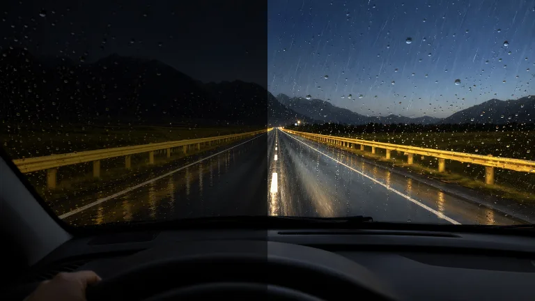 Split visual illustration of a rain-covered windscreen on a dark road and a warmer view.