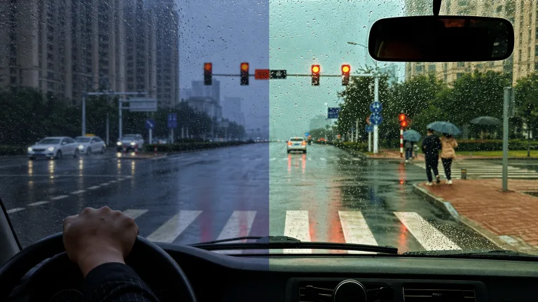 Split visual illustration of a rainy road through a windscreen with a warmer tinted view.